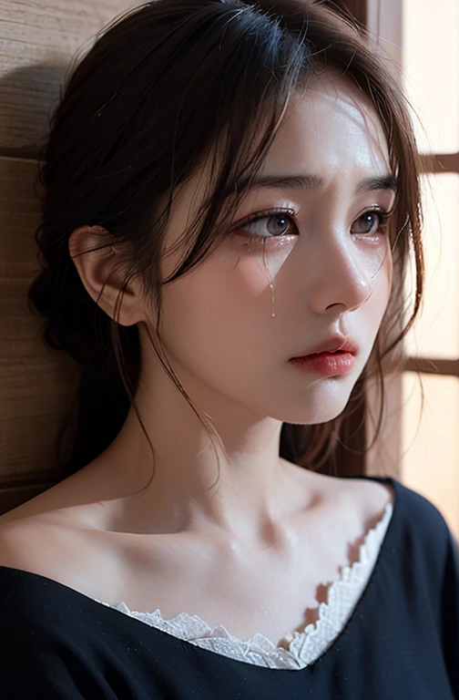 Best quality, masterpiece, ultra high res, (photorealistic:1.4), raw photo, (Authentic skin texture:1.3), (film grain:1.3), panorama, character portrait, very wide shot, narrow waist, cowboy shot, (in the dark, deep shadow, low key, cold light,) night, close-up, streaming tears,
indoor, dust, Tyndall effect, sad, disappointed, gloom (expression), sitting, (against wall), crying, frown, (head bowed), nervous, tearing up, ,
1girl, beautiful detailed eyes and face, white jabot, off shoulder, brown eyes,