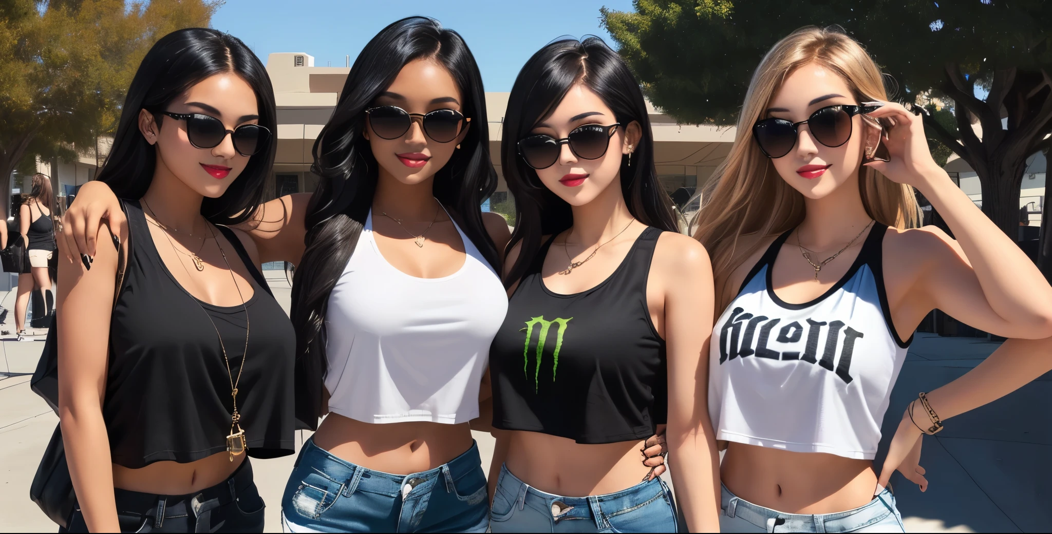 these are three women in black outfits posing for a picture, edm fans, wearing shades, cute girls, perfectly shaded, college girls, dabbing, california;, big sunglasses, girl drinks monster energy, amazing shades, various posed, tight black tank top and shorts, wearing a cropped black tank top