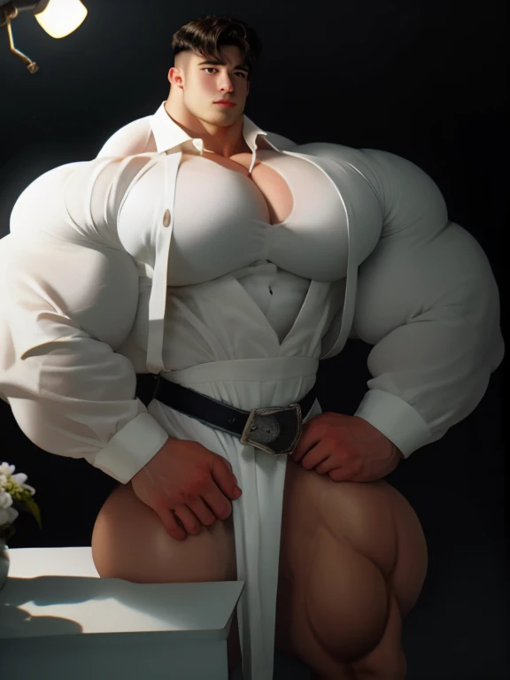 1man, a 28 year old muscular korean man, giant, strong body, brutalmass, massive body, bulk, wide pecs, large body size, huge legs, sexy, masculine, heavyweight bodybuilder, tailored costume, posing, illuminating light, lighting stage, masterpiece, best quality, 8k ultra hd, dslr camera, cinematic photorealistic