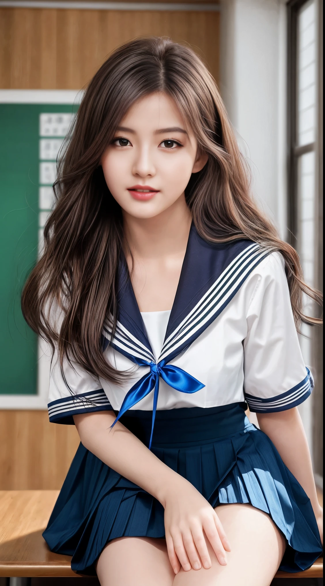 masterpiece、最high quality、high quality、high quality、Premium Quality、wonderful品質、Superior Quality、Superior Quality、Luxury quality、Superior Quality、Best image quality、8k、Super Resolution、最High resolution、High resolution、最high quality、Rich shades、shining quality、Crystal Clear、Realistic images、Perfect detail、Flawless images、Clear images、wonderful表示、Bright colors、Deep contrast、High fidelity、Amazing clarity、optimal performance、Realistic、wonderful、Perfect image、Close to reality、Detailed and Realistic human body、Detailed and realistic skin、Realistic face in every detail、Realistic reproduction of every detail、Detailed and realistic lips、Detailed and realistic teeth、Detailed and Realistic ears、Detailed and Realistic hair、Detailed and Realistic weapons、Realistic reproduction of every detail、Realistic fingers in every detail、(Beautiful Hands、thumb1reference4)、Realistic feet down to the last detail、pretty girl、beautiful girl、Attractive girl、Attractive Young Woman、wonderfulティーンエイジャー、Adorable girl、Shining Girl、Innocent Girl、pretty girl、Beautiful girl、Cute young woman、 The girl who captures your heart、dazzling girl、Elegant girl、((Japanese Model))、((18歳のbeautiful girl))、(Black Hair)、(Random Hairstyles)、((whole body))、((Beautiful upturned breasts))、(Slim Style、Slim fit)、(whole body光沢肌、Fair skin)、Detailed and Realistic human body、detailed Realistic skin、detailed Realistic face、detailed Realistic arms、detailed Realistic fingers、Detailed Realistic feet、Soft natural light、Sailor suit、、junior high school、high school、Junior School、((Sheer Mesh(クロップトップSailor suit、Mini Sailor Skirt))、((In the school classroom(Poses to make your thighs look beautiful))、Angle from below