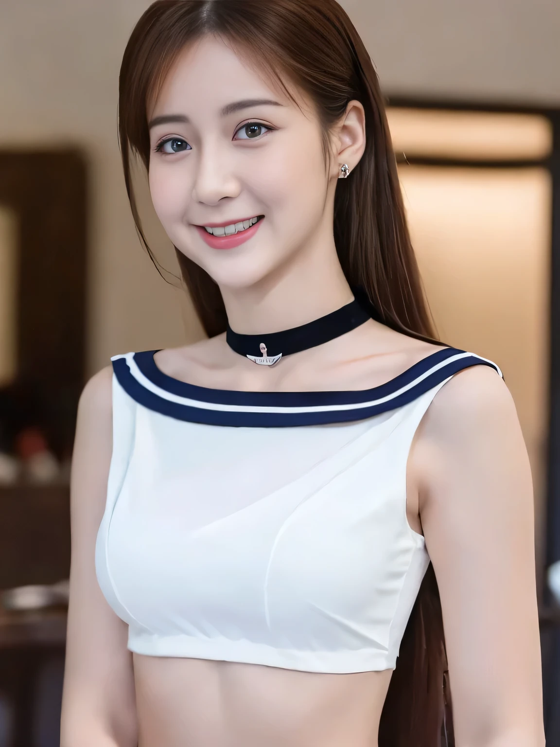 highest quality,masterpiece,Ultra-high resolution, (Realistic:1.4), girl, 18-year-old, (Firm breasts:1.2),  (Slim face, Narrow waist, Thin legs), The perfect , Charm, Dynamic Shot, (Black Choker:1.3) , bangs, Blue Contact Lenses, smile, Big Breasts, bangs, Very long eyelashes, Sailor suit