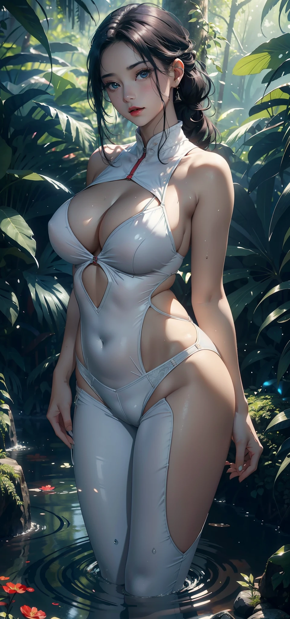 1 female，Large Breasts（background：In the woods，Rainforest，In the summer，pool） She has short black hair，，Straight Hair，Red lips，Standing in the water，Front view， OK， Gloomy sky，（（（masterpiece），（Highly detailed CG Unity 8k wallpaper），最OK质量，Light，详细background，beautiful eyes，（Very delicate and beautiful），（Beautiful and detailed description of the eyes），Ultra Detailed，masterpiece，）），face camera，high resolution，Ultra Detailed），Exposing breasts，Exposing genitals， Convex，Camel toe，Sexy bulge，Chinese Navy（wear：white diving suit，Rompers）