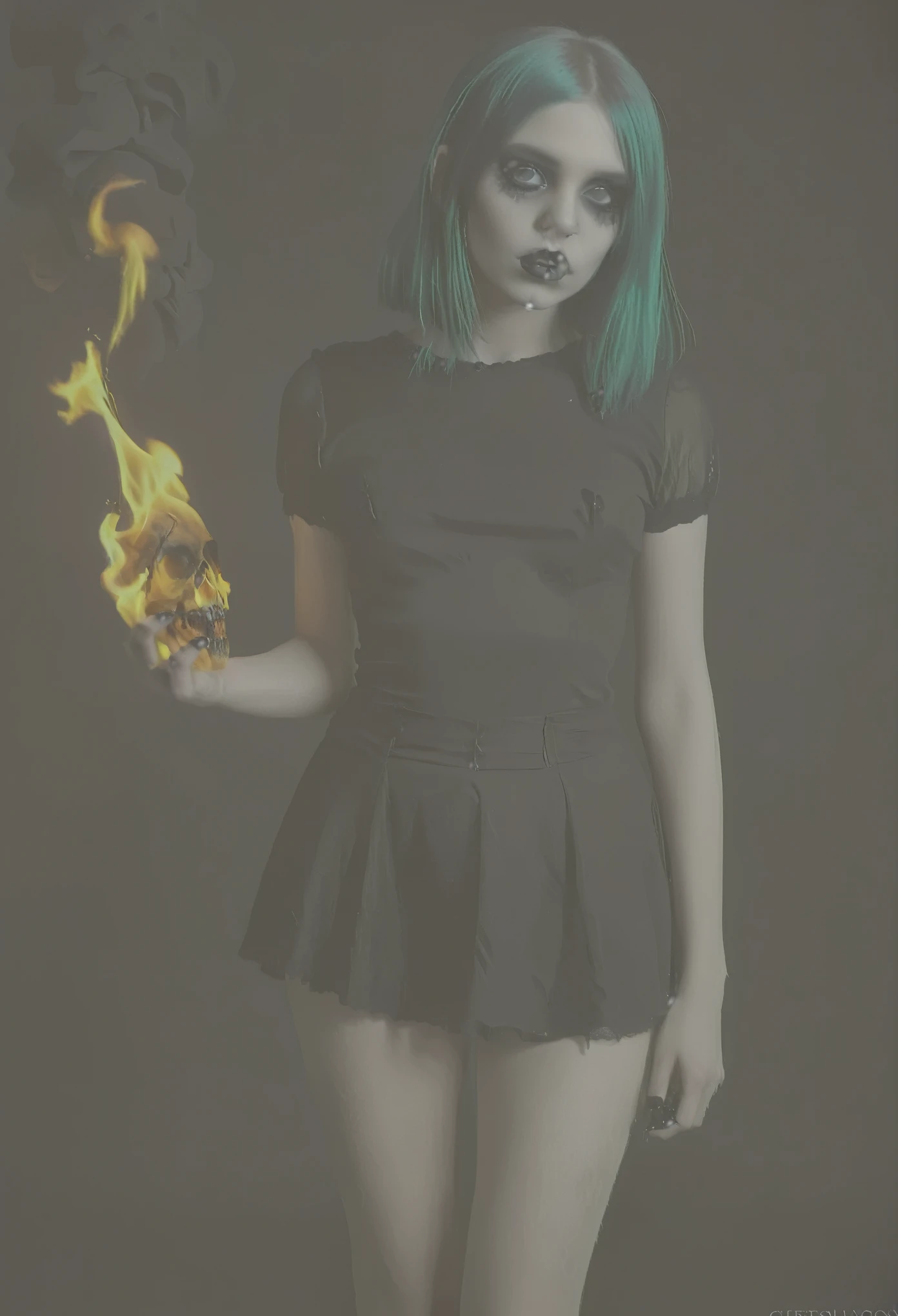 emo goth undead photo realistic girl wearing gothic girl black lace. delicate features long (black nails), braids, pouting, lips, smoky eyes, , skull, greatcoat, emo, 1girl, black dress, long hair, vampire, pale, beautiful holding black fire in one hand 