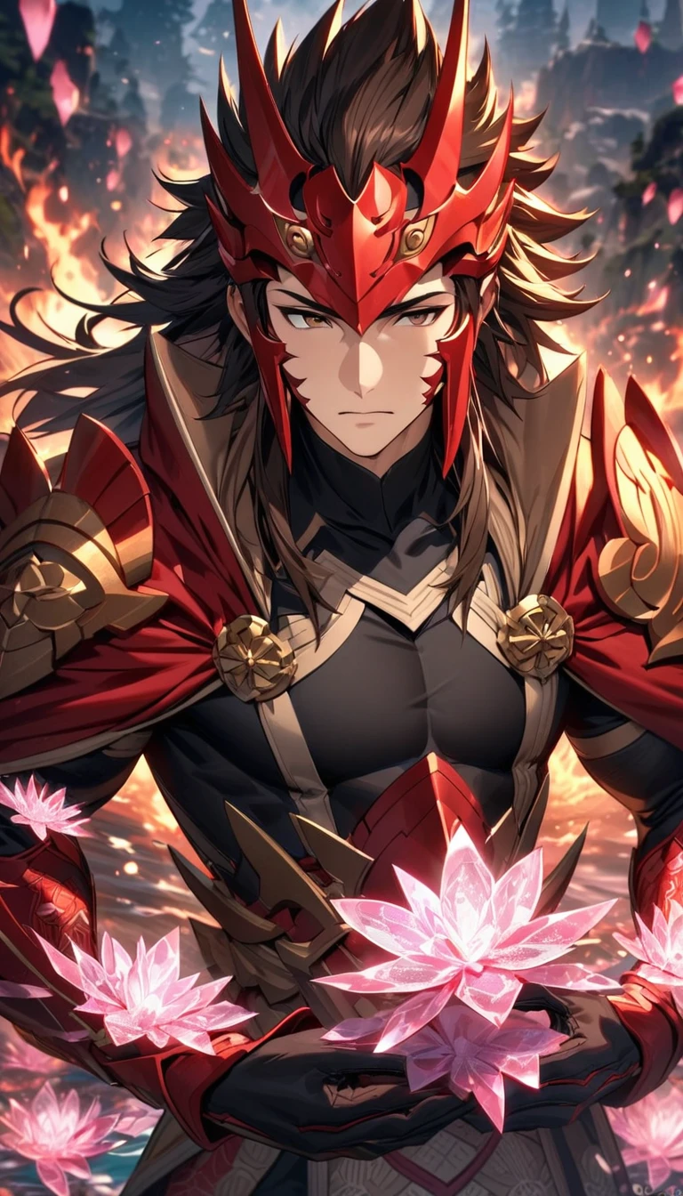 absurdres, highres, ultra detailed, HDR, masterpiece, extremely detailed face and eyes, Ryoma, brown long hair, expressive brown eyes, Fire Emblem Fates, solo, sexy man, handsome, red cape, black tight shirt, patterns, toned chest, black gloves, pink ice flowers, pink ice butterflies, water