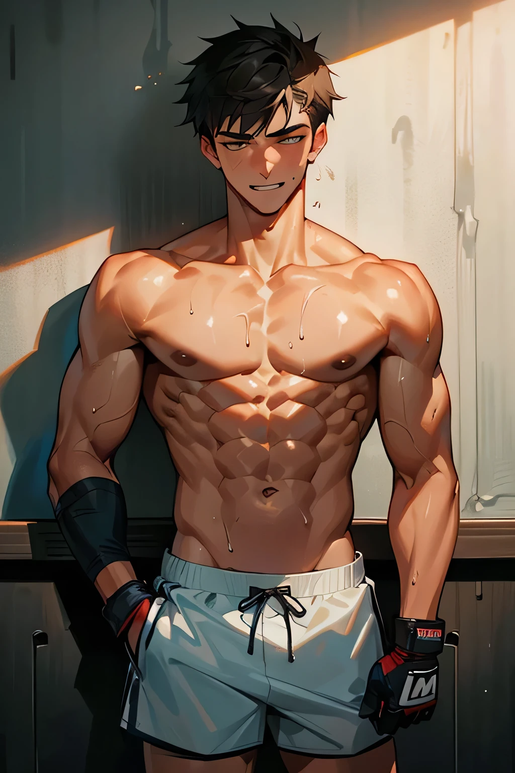 a shirtless exhausted 19-year old handsome caucasian male in faded haircut, mma gloves, fighting shorts, cute, handsome face, six-pack abs, beautiful body, well-defined body, dripping sweat, tired smile, posing in the classroom wall
