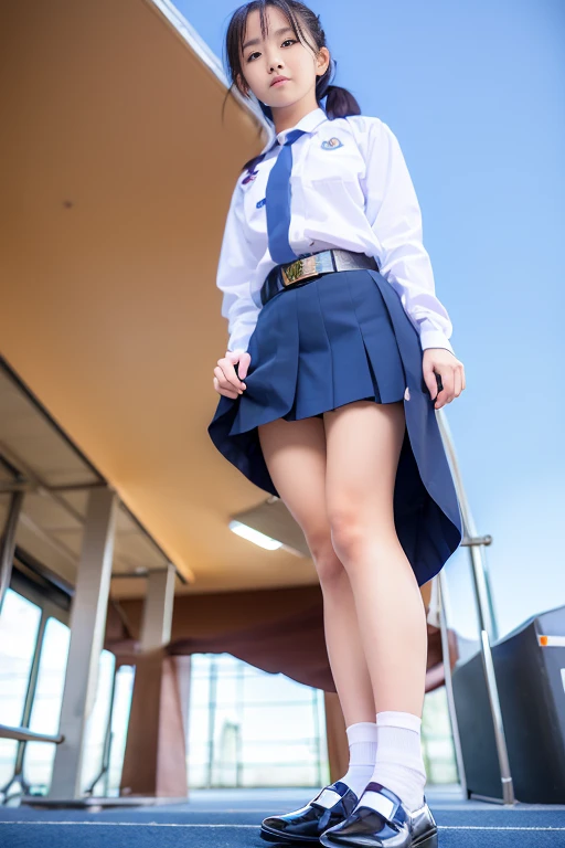 (realistic:1.2),from the front,(View from below:1.4),
18 yo,(shy)Thai, ponytail, white collar shirt, long-sleeved shirt,bark blue necktie, pleated skirt, dark blue long skirt,  black belt, white socks, black loafers,  Thighs look good, 
Sitting position,  (thigh:1.4),(look away:1.4),(classroom background) ,
Mix 4,