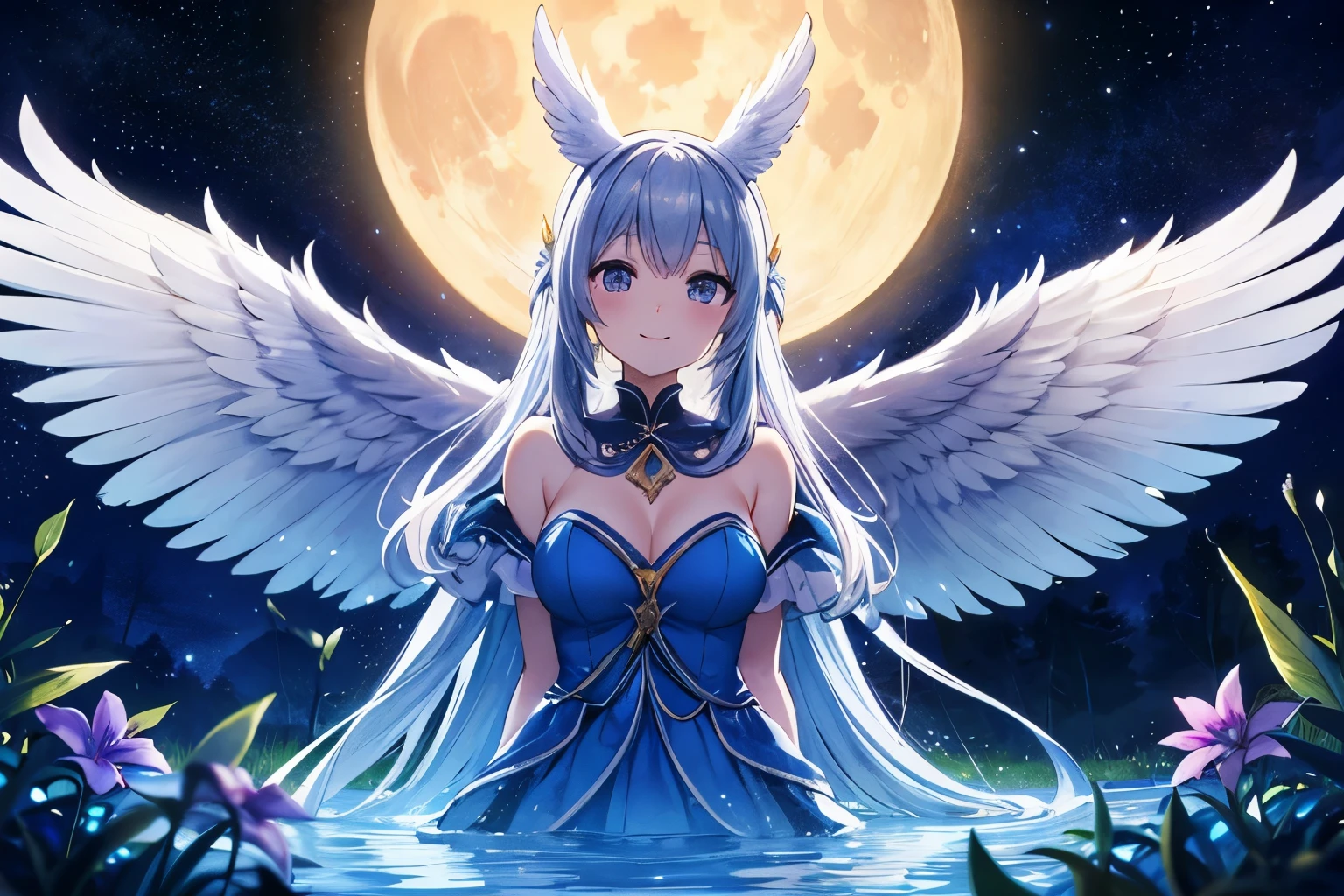 ((Ultra-detailed)), ((Best Illustration)), ((Cinema lighting)), Dynamic Angle, floating, Are you okay, (flash: 1.2), (Shine: 1.2), (Shine: 1.2), "(highest quality), Ultra-detailed depiction of beautiful girls, Light blue long hair、Twin tails、 Adorable smile、Pegasus is flying、Great background、Fantasy、Fairy World、Fairy World、In a magical forest、Beautiful lake、Surrounded by a large pure white owl and bright plants、Cinematic Colors、fresh, Starry Sky、dazzling moonlight、Big Moon、shooting star、milky way、A vibrant flower々