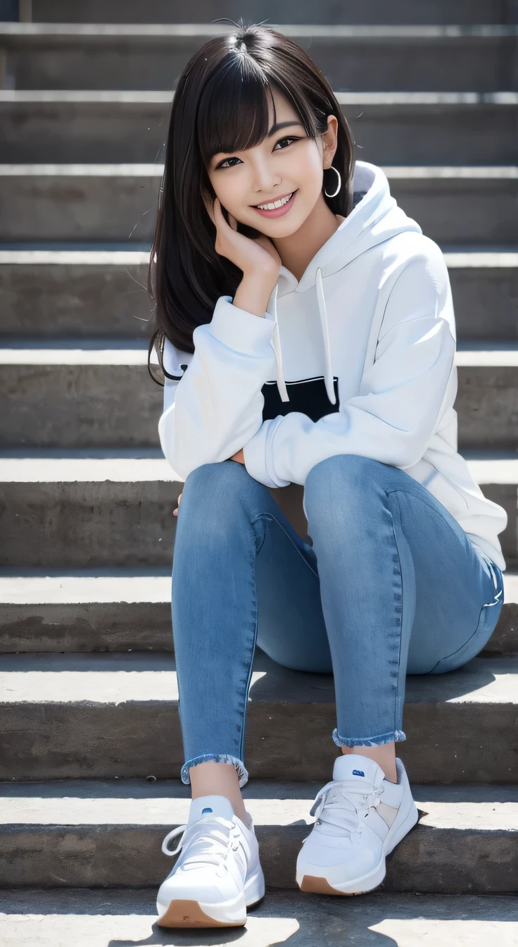 highest quality, Realistic, Very detailed, Finer details, High resolution, 8k wallpaper, One beautiful woman,Sit on the stairs、 Oversized hoodie, Skinny jeans, White sneakers、Putting on socks、Black Hair、 Beautiful Bangs、ear piercing、smile、Beautiful teeth alignment、Perfect dynamic composition, Beautiful and detailed, Full Body Shot, A big smile