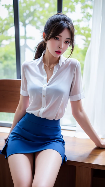 beautiful girl,sexy,Wear a white shirt.,blue short skirt,sitting on a desk