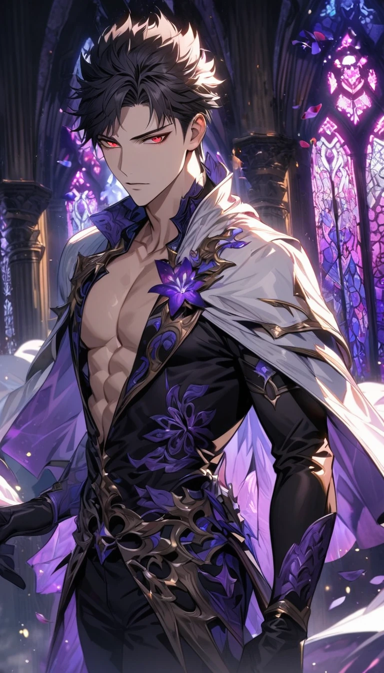 Ultra detailed, HDR, Highres, absurdres, master piece, Belial, black hair, expressive red eyes, Grand Blue Fantasy, white cape with patterns, black tight shirt, purple stained glass, purple ice, petals, purple ice flowers, sexy man, solo, extremely detailed face and eyes, extremely handsome, glittering, toned chest, glittering eyes, black gloves,