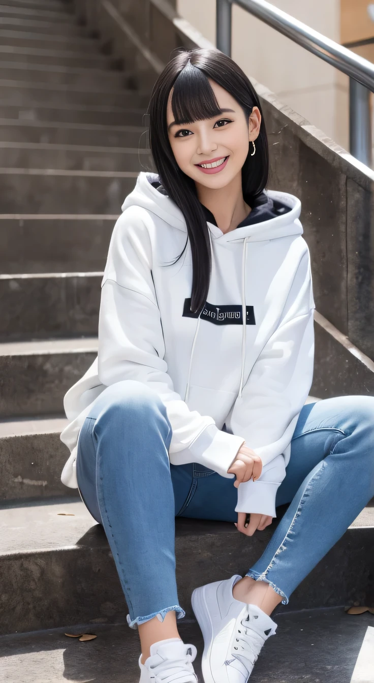 highest quality, Realistic, Very detailed, Finer details, High resolution, 8k wallpaper, One beautiful woman,Sit on the stairs、 Oversized hoodie, Skinny jeans, White sneakers、Putting on socks、Black Hair、 Beautiful Bangs、ear piercing、smile、Beautiful teeth alignment、Perfect dynamic composition, Beautiful and detailed, Full Body Shot, A big smile