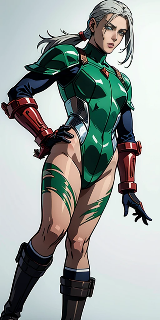 (8K, Best quality, style of anime) Ancient European realistic style armor, white silver-haired female knight, Green emerald pupils, High ponytail, Wearing silver-white armor, Delicate facial features, The drawing style is similar to that of characters in anime, military boots, Gaiters with a pure white background, Character design, quadratic element, Include a small amount of introductory text, Three views of people