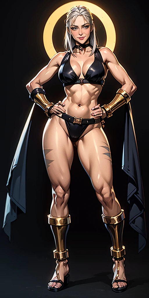 ((BLACK BACKGROUND 1:2, masterpiece)) 1solo female full body MILF BIMBO standing straight symmetrical with two long thighs and two metal sandals, red eyes like rubies, eye focus looking to the viewer, silver white hair, short bob style hair, big knockers breastplate, breastplate, cleavage, tiara royal, long cape up to two feet, yellow bikini (yellow tiger stripes), lustful smirking smiling, smile face (red blushed, red cheeks), pauldrons metal shoulders, gold sleeveless bracelets, separate sleeves, hands on waist hands OR hips, golden bracers, metal handcuffs, leather corset, red loincloth, black leather choker slave collar, shackles bracelets, slave red crest under navel, navel, big belt around waist OR hips, feet together, metal ankle, two long thighs and two metal sandals