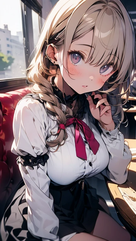 ((highest quality)), ((masterpiece)),High resolution (High Dynamic Range),Ray tracing, Super Resolution, (((anime screencap, black outline, Written boundary depth , written soft outline))), blur, bokeh, Maximum clarity and sharpness,Multilayer Texture,surface shading,Accurate simulation of light-matter interactions,Perfect Proportions,Two-tone lighting, White balance,8K, two woman, BREAK beautiful hair, Beautiful Face, Beautiful and beautiful eyes, Beautiful body, Beautiful breasts, Beautiful thighs, Beautiful feet, Beautiful fingers, (Beautiful views) , breast enlarged, large breast, perky tits, (blush, 20 years, seductive adult woman , anime gyaru , Narrow eyes) , streaked hair, piercing, hair intakes, ear piercing, colored inner hair, pixie cut Hair, twin-braid, (((light pink)) High-Waist-Pleated-Skirt:1.3), (\(light green floral lingerie princess maid costume with detailed-ruffles\):1.5, (Puff-Sleeve:1.3), BREAK (((portrait, close up, cowboy shot, looking at viewer, \(face waiting for kiss\):1.3))), ((breast on table:1.3)) BREAK (sitting, a girl relaxing in a bedroom:1.3, book and coffee cup on table, Inside a crowded cafe),