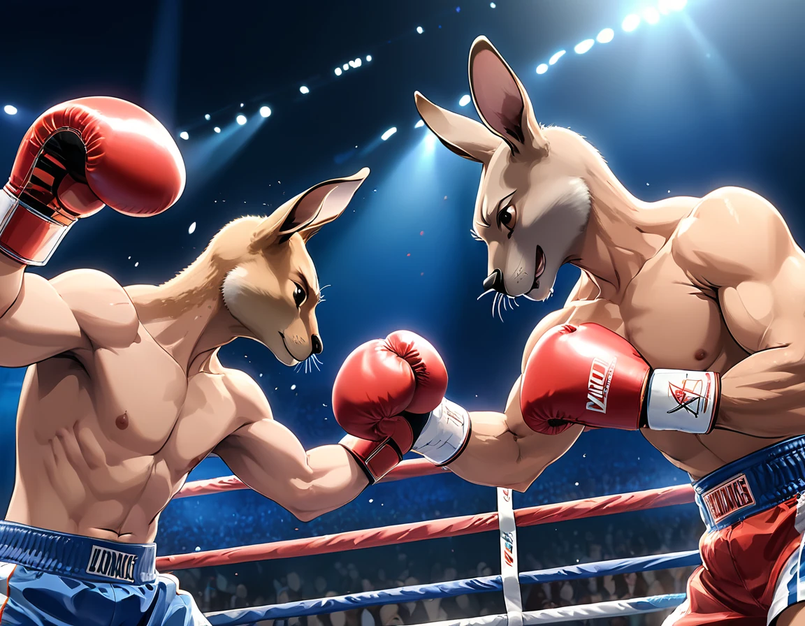 (best quality, 4k, 8k, high resolution, masterpiece: 1.2), ultra detailed, (anime: 1.37), boxing fight, ((1 kangaroo with boxing gloves vs. 1 muscular human with boxing gloves:1.5) ), in a boxing ring, many people watching the fight, intense atmosphere, sweat dripping, powerful punches, vibrant colors, dynamic lighting, dramatic shadows, realistic crowd reactions, close-ups of fighters' faces, intricate details in the boxing gloves, graceful movements, Dynamic camera angles capturing the action, intense, energetic and fast-paced facial expressions, explosive power, adrenaline rush, capturing the essence of the boxing match, dramatic climax, epic showdown between humans and kangaroos.