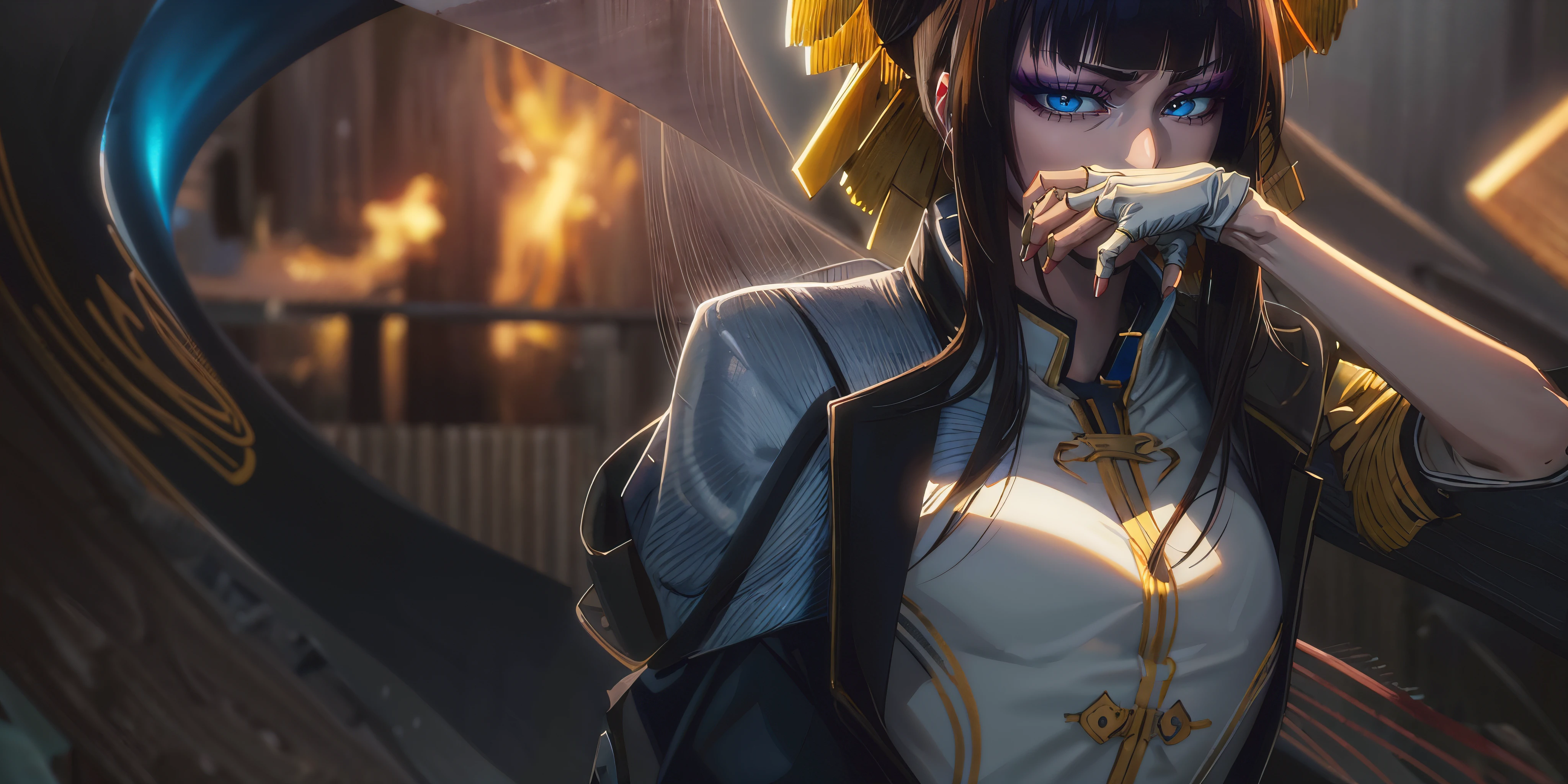 senjumaru shutara, (long hair, bangs, blunt bangs, black hair, sidelocks:1.5), (black eyes:1.5), makeup, lipstick, red lipstick, breasts, epic art, fantasy, 1girl, solo, sidelocks, looking_at_viewer, gloves, jacket, ribbon, breasts, covering_mouth, mask, floating_hair, upper_body, glow effects, godrays, Hand drawn, render, 8k, octane render, cinema 4d, blender, dark, atmospheric 4k ultra detailed, cinematic, Sharp focus, big depth of field, Masterpiece, colors, 3d octane render, 4k, concept art, trending on artstation, hyperrealistic, Vivid colors, extremely detailed CG unity 8k wallpaper, trending on CGSociety, Intricate, High Detail, dramatic,