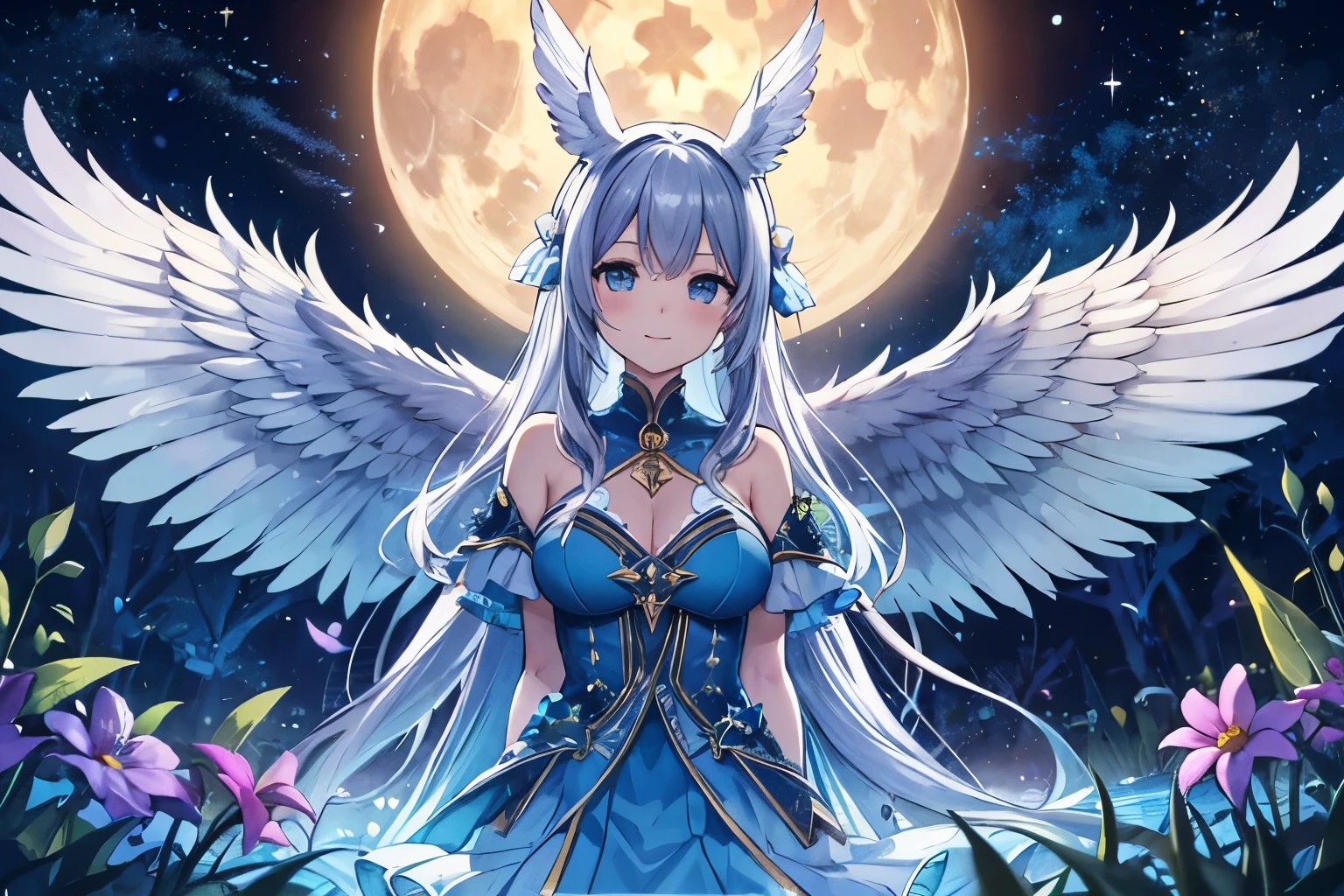 ((Ultra-detailed)), ((Best Illustration)), ((Cinema lighting)), Dynamic Angle, floating, Are you okay, (flash: 1.2), (Shine: 1.2), (Shine: 1.2), "(highest quality), Ultra-detailed depiction of beautiful girls, Light blue long hair、Twin tails、 Adorable smile、Pegasus is flying、Great background、Fantasy、Fairy World、Fairy World、In a magical forest、Beautiful lake、Surrounded by a large pure white owl and bright plants、Cinematic Colors、fresh, Starry Sky、dazzling moonlight、Big Moon、shooting star、milky way、A vibrant flower々