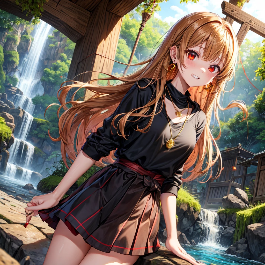 Brown, red, gold, golden hair、Red eyes、One good looking girl、solo、anime、Checkered mini skirt、Black camisole、Black T-shirt、hoodie、Wearing a ribbon、Ribbon on waist、Crystal Earrings、Gemstone Necklace、Light and shadow、Tilting face、Teeth are visible、waterfall、Torrent、tunnel、pylon、Sunset sky、Towering、frilled lizard、light、flash、Barrel、Wife、loose、moss、isolated island、Iron Gate