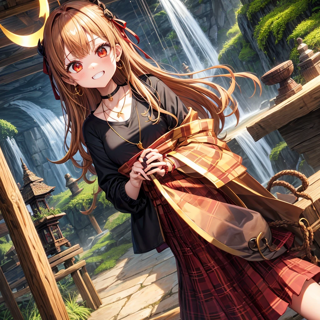 Brown, red, gold, golden hair、Red eyes、One good looking girl、solo、anime、Checkered mini skirt、Black camisole、Black T-shirt、hoodie、Wearing a ribbon、Ribbon on waist、Crystal Earrings、Gemstone Necklace、Light and shadow、Tilting face、Teeth are visible、waterfall、Torrent、tunnel、pylon、Sunset sky、Towering、frilled lizard、light、flash、Barrel、Wife、loose、moss、isolated island、Iron Gate