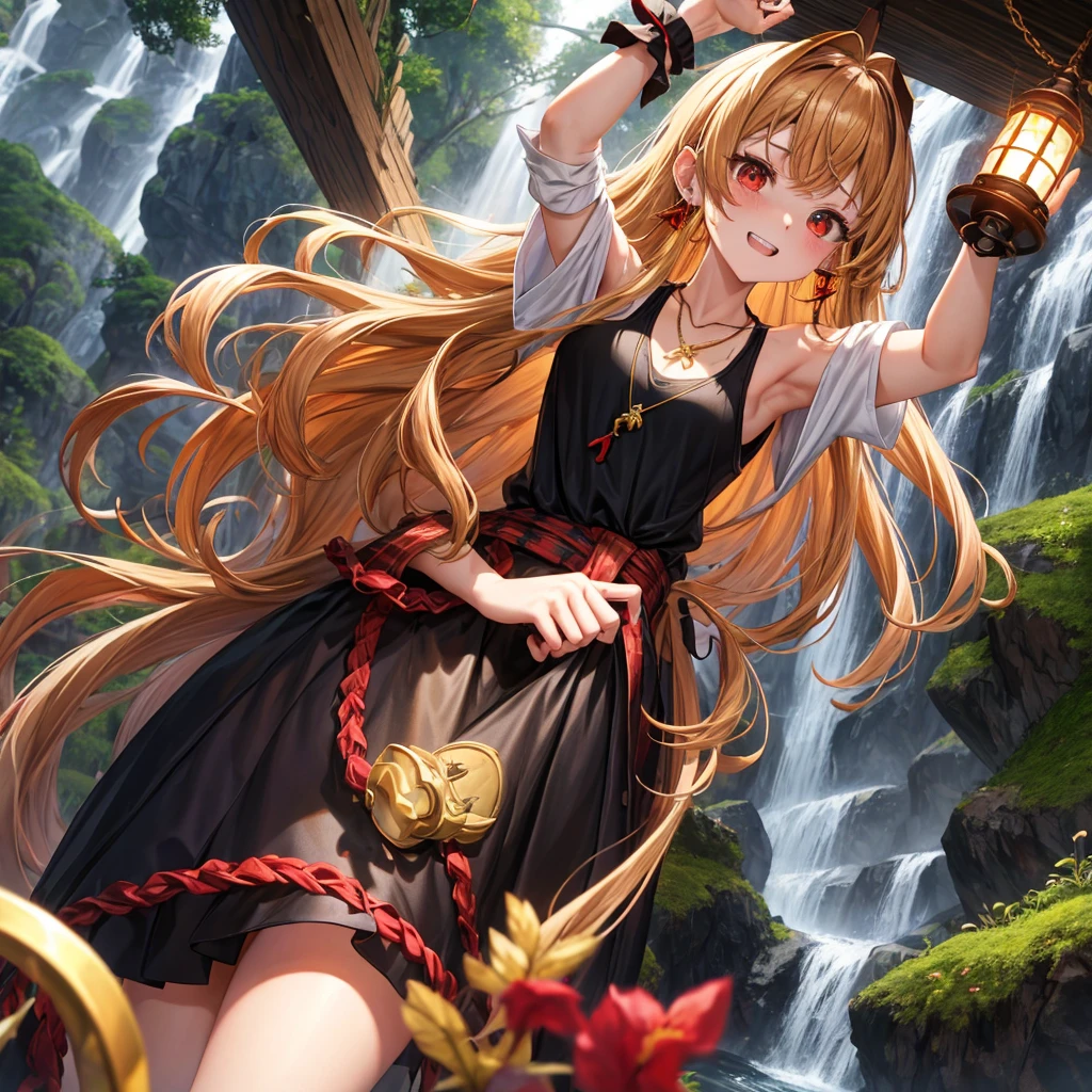Brown, red, gold, golden hair、Red eyes、One good looking girl、solo、anime、Checkered mini skirt、Black camisole、Black T-shirt、hoodie、Wearing a ribbon、Ribbon on waist、Crystal Earrings、Gemstone Necklace、Light and shadow、Tilting face、Teeth are visible、waterfall、Torrent、tunnel、pylon、Sunset sky、Towering、frilled lizard、light、flash、Barrel、Wife、loose、moss、isolated island、Iron Gate