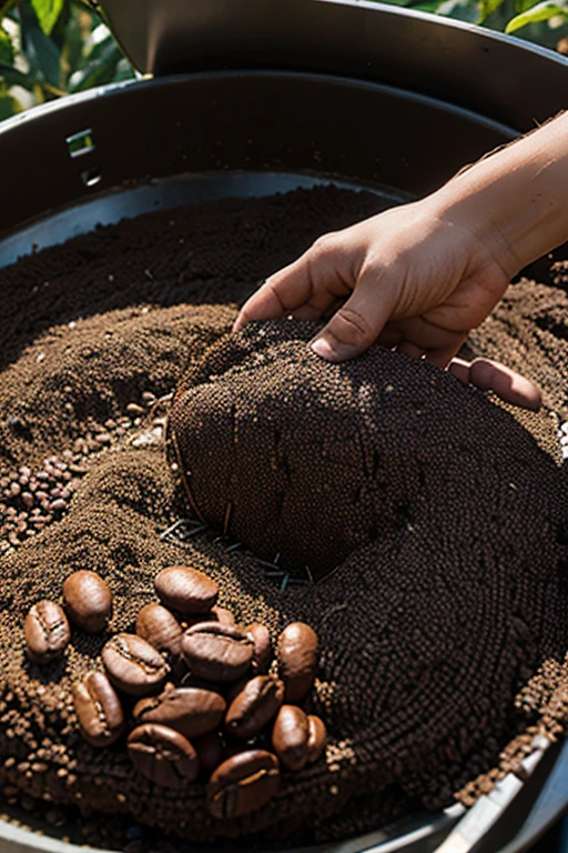 coffee beans being harvested and processed]