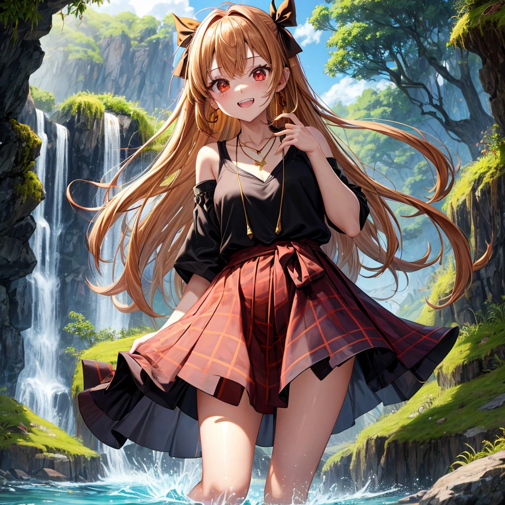 Brown, red, gold, golden hair、Red eyes、One good looking girl、solo、anime、Checkered mini skirt、Black camisole、Black T-shirt、hoodie、Wearing a ribbon、Ribbon on waist、Crystal Earrings、Gemstone Necklace、Light and shadow、Tilting face、Teeth are visible、waterfall、Torrent、tunnel、pylon、Sunset sky、Towering、frilled lizard、light、flash、Barrel、Wife、loose、moss、isolated island、Iron Gate