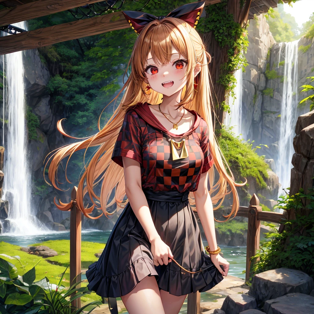 Brown, red, gold, golden hair、Red eyes、One good looking girl、solo、anime、Checkered mini skirt、Black camisole、Black T-shirt、hoodie、Wearing a ribbon、Ribbon on waist、Crystal Earrings、Gemstone Necklace、Light and shadow、Tilting face、Teeth are visible、waterfall、Torrent、tunnel、pylon、Sunset sky、Towering、frilled lizard、light、flash、Barrel、Wife、loose、moss、isolated island、Iron Gate