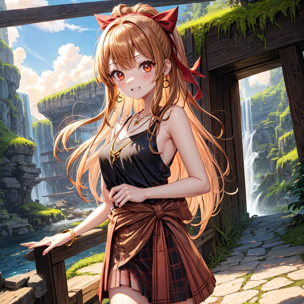 Brown, red, gold, golden hair、Red eyes、One good looking girl、solo、anime、Checkered mini skirt、Black camisole、Black T-shirt、hoodie、Wearing a ribbon、Ribbon on waist、Crystal Earrings、Gemstone Necklace、Light and shadow、Tilting face、Teeth are visible、waterfall、Torrent、tunnel、pylon、Sunset sky、Towering、frilled lizard、light、flash、Barrel、Wife、loose、moss、isolated island、Iron Gate