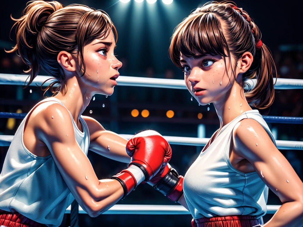 (highest quality、4K、High resolution、masterpiece:1.2)、Super detailed、Real、boxing match、upper，Distorting face、Sweat and mouthpiece splashing