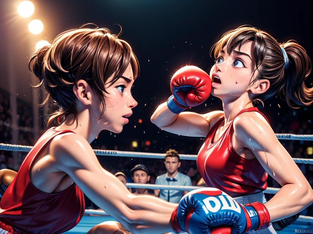 (highest quality、4K、High resolution、masterpiece:1.2)、Super detailed、Real、boxing match、upper，Distorting face、Sweat and mouthpiece splashing