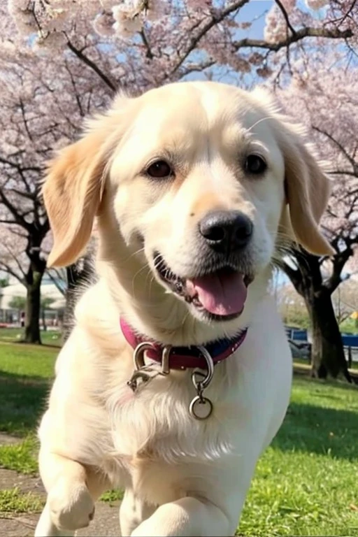 Video of a dog walking under the cherry blossoms