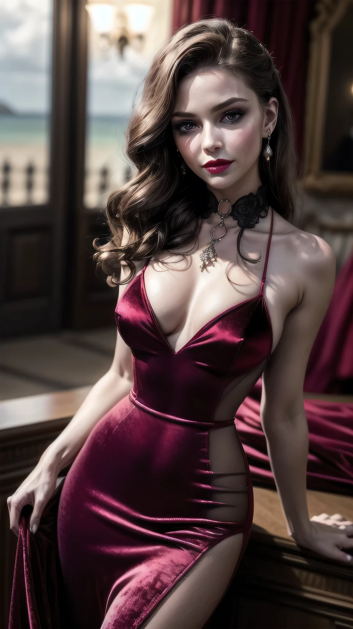 (masterpiece), (extremely intricate:1.3), (realistic), portrait woman, (clear green eyes, rich crowd at a , crimson lipstick, ((bright red ((dark eye makeup,(velvet collar evening gown, [flat chest:medium breas), smiling, vintage 50s pinup)), wind blown blowing short straight [dark hair:blonde hair:0.8]), tattoo:0.9))), indoors, intense sunlight, far away ocean, professional photograph of a stunning woman detailed, ((dynamic pose)), sharp focus, dramatic, award winning, cinematic lighting, volumetrics dtx, (film grain, blurry background, bokeh, depth of field, interaction)