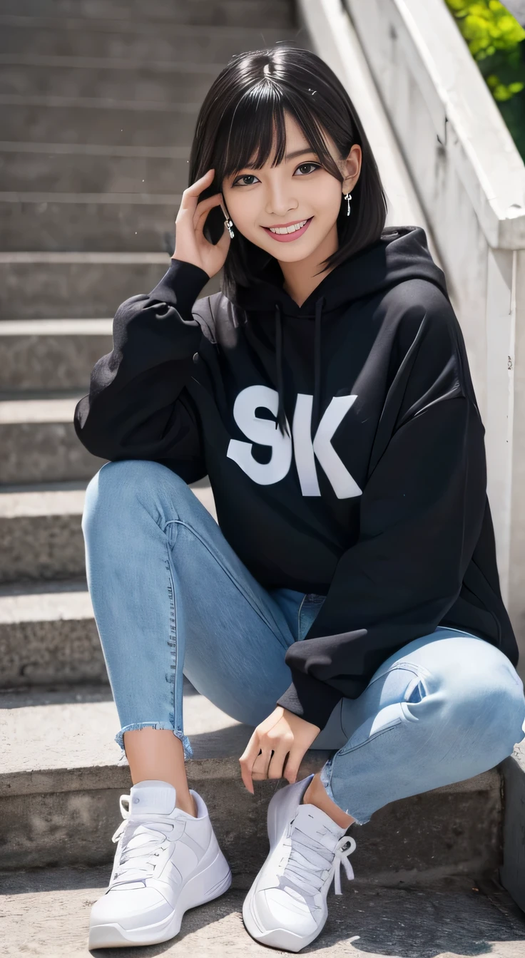 highest quality, Realistic, Very detailed, Finer details, High resolution, 8k wallpaper, One beautiful woman,Sit on the stairs、 Oversized hoodie, Skinny jeans, White sneakers、Putting on socks、Black Hair、 Beautiful Bangs、ear piercing、smile、Beautiful teeth alignment、Perfect dynamic composition, Beautiful and detailed, Full Body Shot, A big smile
