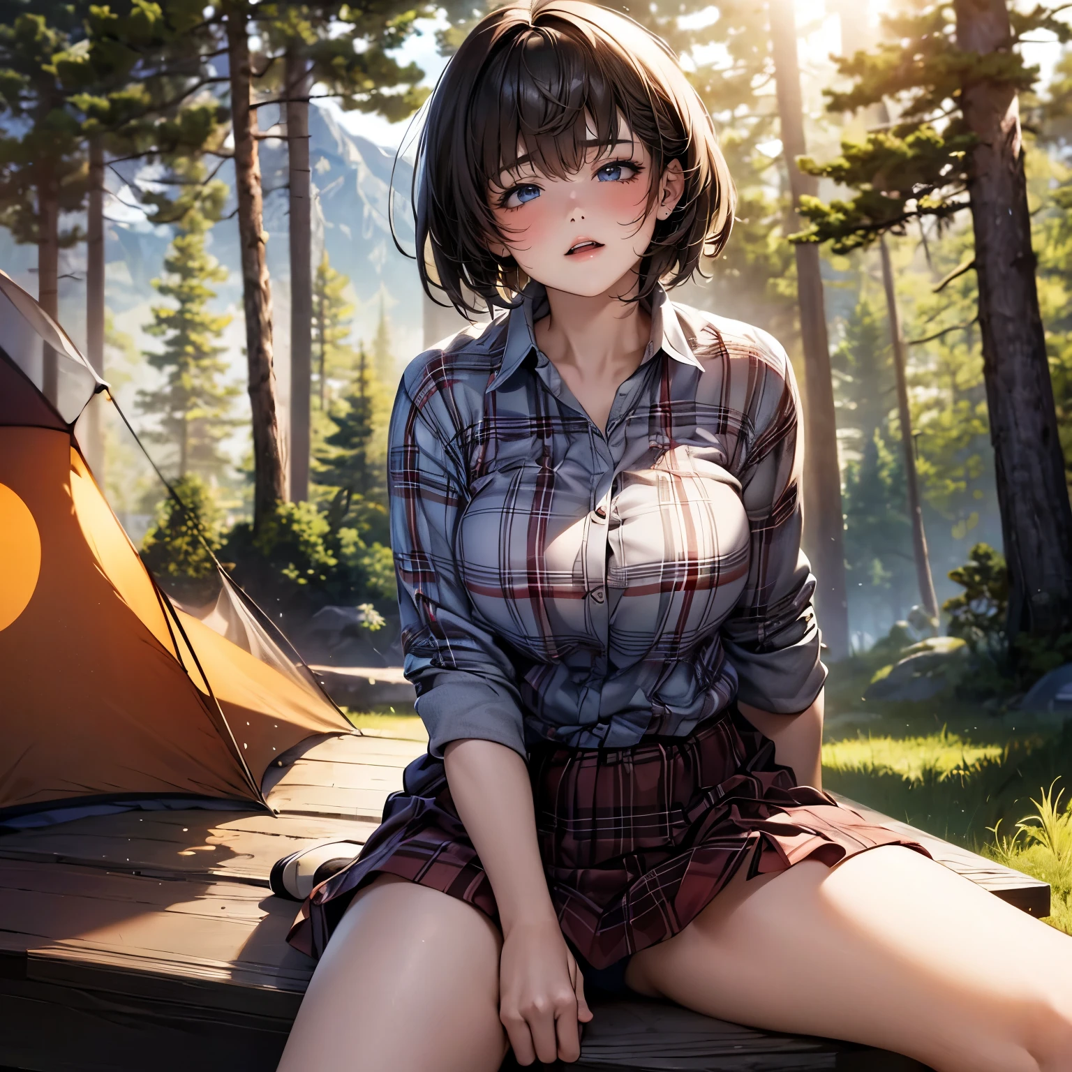 high-definition image, best quality, (round face), posing, eyes realistic sizing, drooping eyes, plaid shirt, (straddling a table corner to hit her crotch for self pleasure), big sky, mountains, in the forest, sunlight, very short hair, (many camping gears),