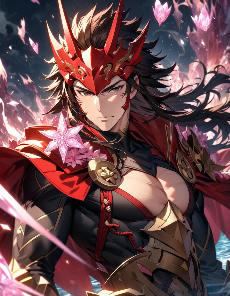 absurdres, highres, ultra detailed, HDR, masterpiece, extremely detailed face and eyes, Ryoma, brown long hair, expressive brown eyes, Fire Emblem Fates, solo, sexy man, handsome, red cape, black tight shirt, patterns, toned chest, black gloves, pink ice flowers, pink ice butterflies, water