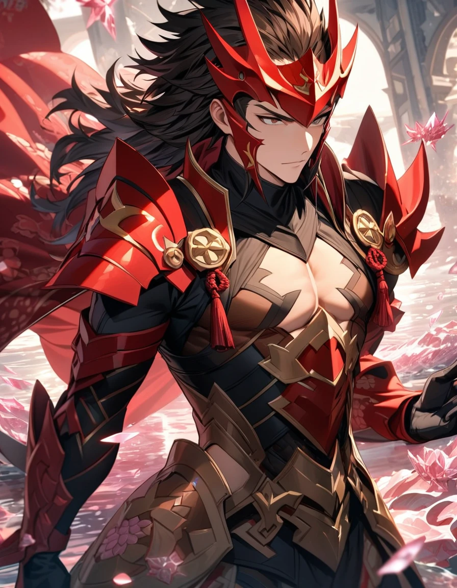 absurdres, highres, ultra detailed, HDR, masterpiece, extremely detailed face and eyes, Ryoma, brown long hair, expressive brown eyes, Fire Emblem Fates, solo, sexy man, handsome, red cape, black tight shirt, patterns, toned chest, black gloves, pink ice flowers, pink ice butterflies, water