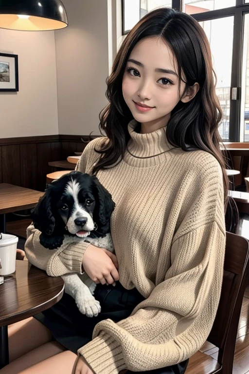 He is wearing a brown sweater、sitting in a cafe drinking coffee、Cute girl with long straight black hair, Brown eyes and a round face, sunset, Lose your bangs and smile with your teeth showing, Holding a poodle puppy in her arms