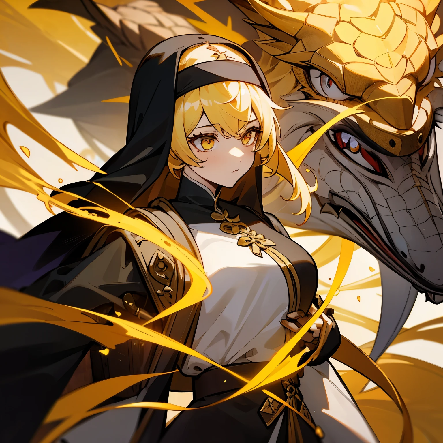 masterpiece , best quality,Navilette(Genshin Impact), 1 Girl , Golden dragon scales covering the body ,blond hair ,Colorful hair, Golden Eyes, Black nun dress , Dungeons & Dragons,Backpack,Western Fantasy
