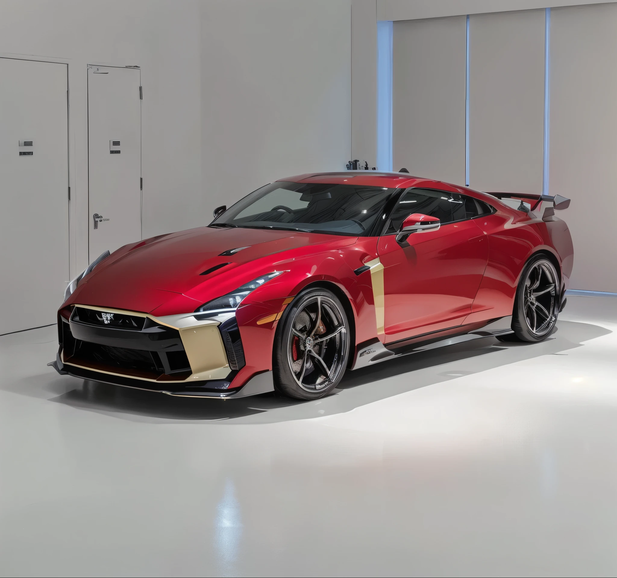 a close up of a red sports car in a white room, gtr xu1, it has a red and black paint, with sleek lines and a powerful, front profile shot, future!!, front profile!!!!, 🔞🤡, sports car in the room
