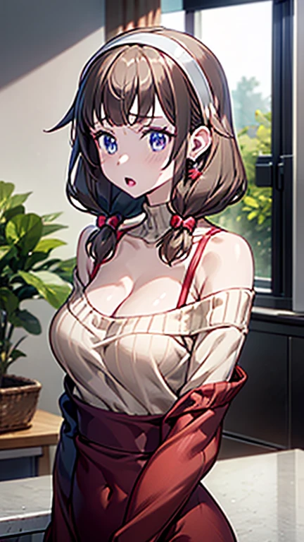 masterpiece, yor, 1girl, Amazing Cleavage:1.3, thin waist, big ass, Raised sexy, medium breast: 1.8 posed cleavage:1.2、solo, looking at viewer, open mouth, have a cup of coffee,black hair, red eyes, dress, bare shoulders, jewelry, collarbone, sidelocks, hairband, earrings, indoors, off shoulder, :o, sweater, arms behind back, plant, short hair with long locks, white hairband, off-shoulder dress, sweater dress, off-shoulder sweater, red sweater, big side hair, very long side hair,is rendered in (masterpiece: 1.2, best quality), with (ultra high resolution) and an exquisite (depth of field). This masterpiece is not only visually stunning but also tells, teach of cooking ,in the kitchen