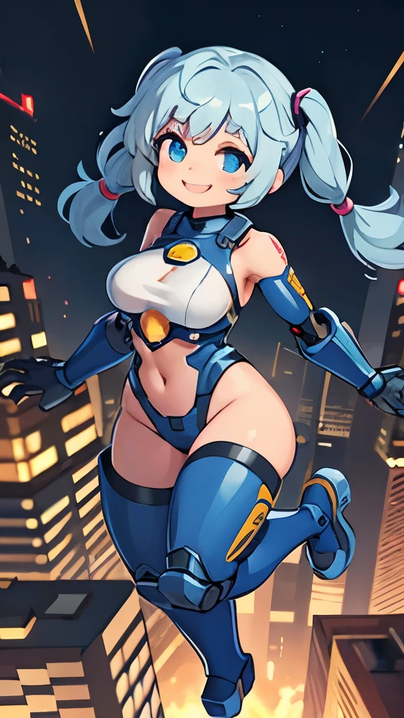 Cyborg, medium breasts, mechanical arms, large mechanical legs, flying over a city, smiling, short light blue pigtails