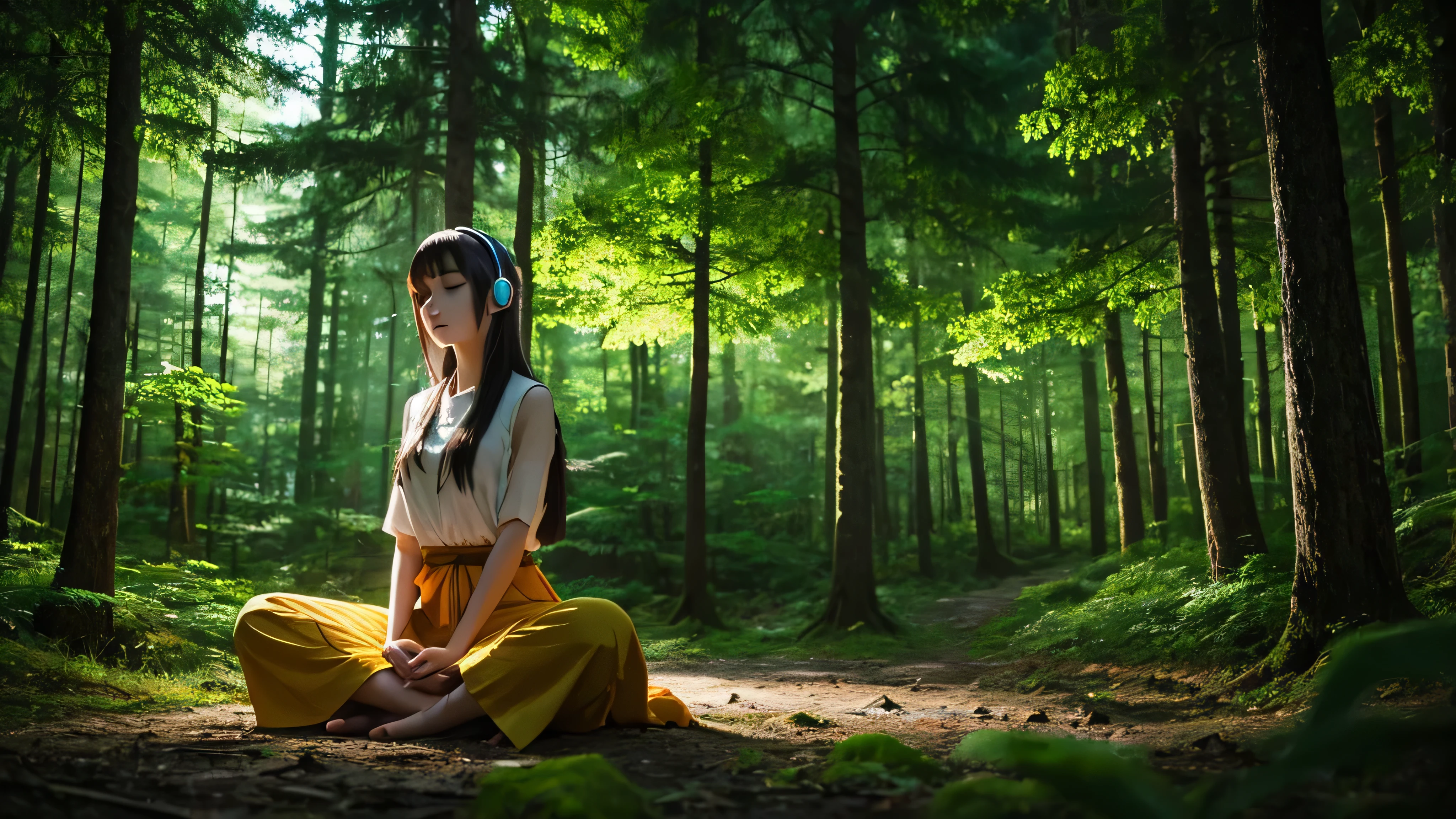 A beautiful girl is meditating in the forest with headphones on night Japanese anime style