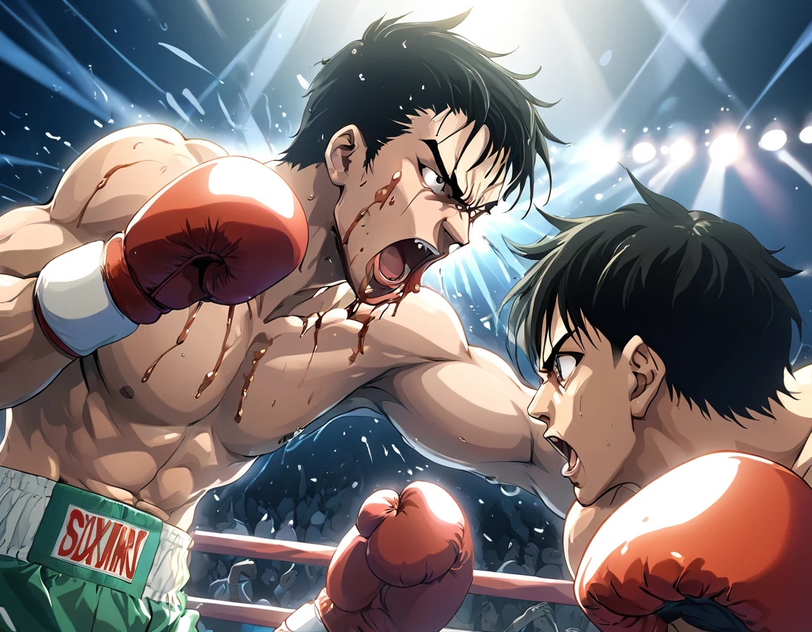 (boxers,punches,opponent,punching effect,saliva,saliva dripping from mouth,impact effect,motion effect,camera flashes in the crowd,anime,high definition,high resolution:1.2,vivid colors,studio lighting)