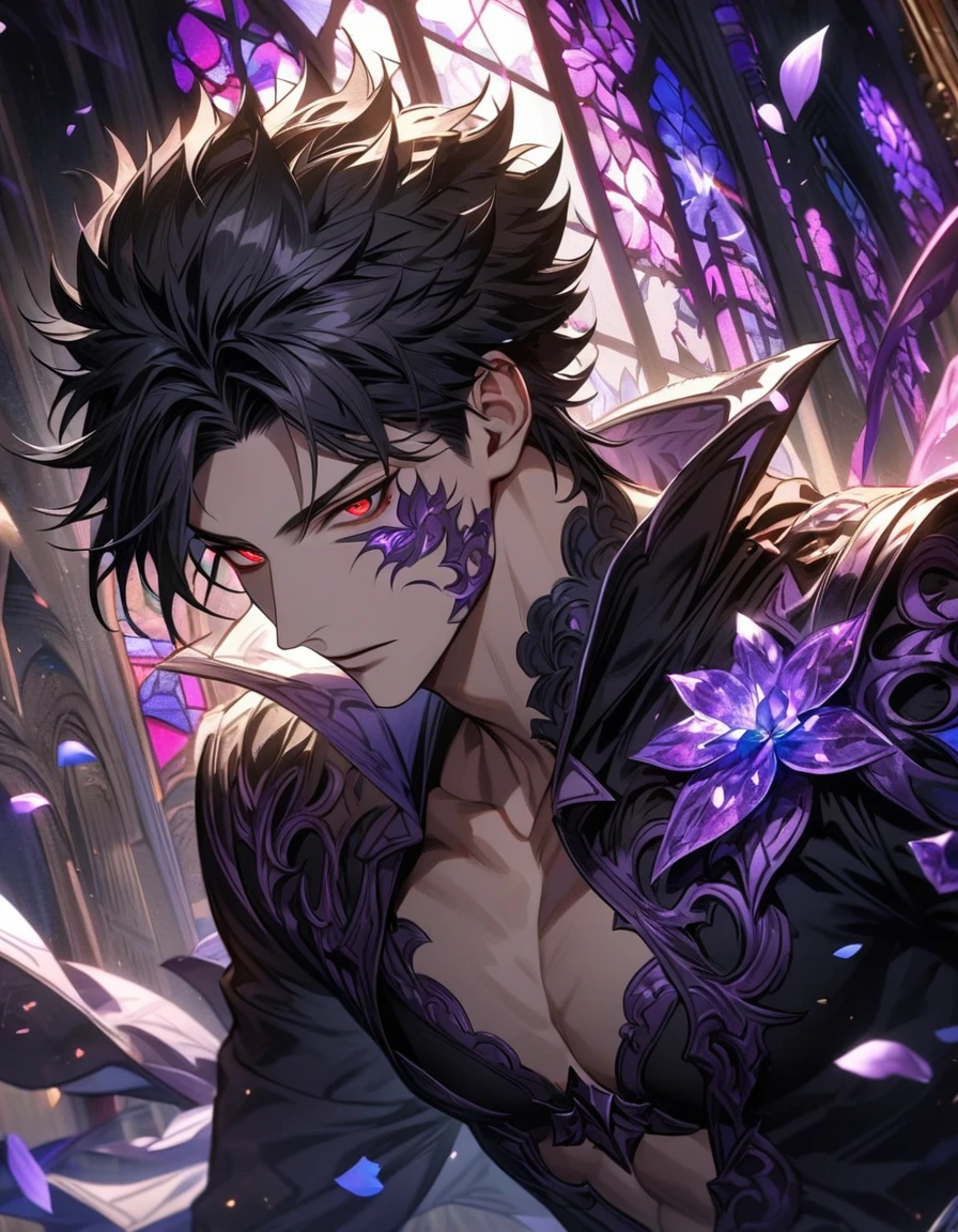 Ultra detailed, HDR, Highres, absurdres, master piece, Belial, black hair, expressive red eyes, Grand Blue Fantasy, patterns, black tight shirt, purple stained glass, purple ice, petals, purple ice flowers, sexy man, solo, extremely detailed face and eyes, extremely handsome, glittering, toned chest, glittering eyes, black gloves,