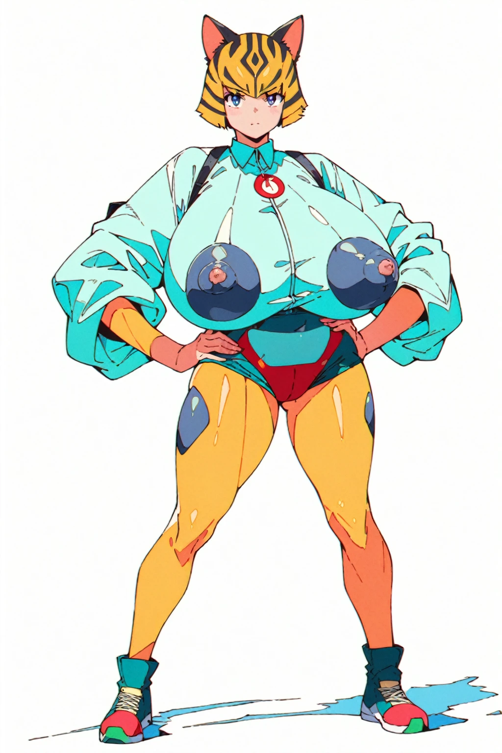 (masterpiece, bestquality, ultra-detailed, 8K high resolution, artstation on trending, Detailed Design), (safe for younger audiences, safe for children, safe for kids, safe for work, safe for public),
wind,
(flat design, ligne claire, photorealistic, anime screencap),
(1girl, fullbody, looking at viewer, front view), (standing contrapposto pose, spread legs, Hands on hips),
(white background:1.5),
(Anthropomorphic cat, Beastman), impossible clothes, extremely gigantic saggy breasts, impossible gigantic puffy nipples, (Clothes with nipple molds:1.5), cool girl
