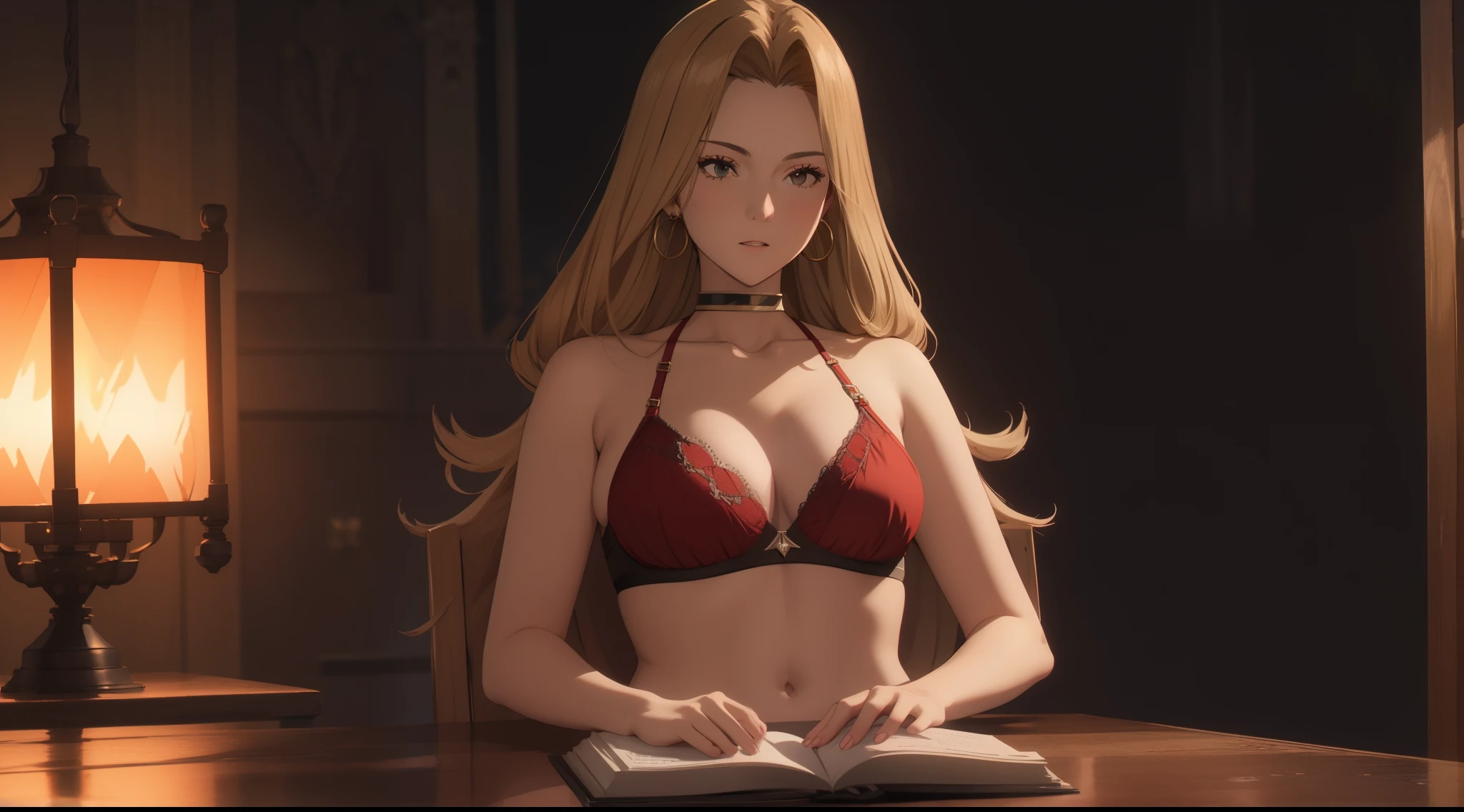 masutepiece, 1womanl, (((Solo))), of the highest quality, Hi-Res, 4K, cleavage, ((Red lingerie)), medium breasts, Full body,  earrings