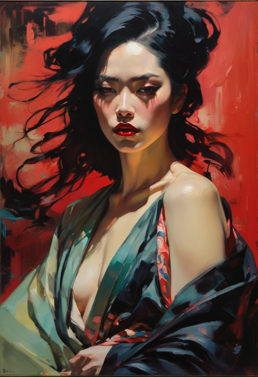 malcolm liepke painting on sensual illustration of an elegant samurai, riot games concept art beauty, eerie, the model draped in flowing, thick oil painting, extremely soft colors, vibrant, highly detailed, , oil on linen, high contrast, dramatic, refined, tonal, Create high contrast between light and shadow, impactful paint of portrait of a man highly detailed, 8k, sharp, professional, clear, high contrast, high saturated, , vivid deep blacks, crystal clear, cleavage, thigh, sexy