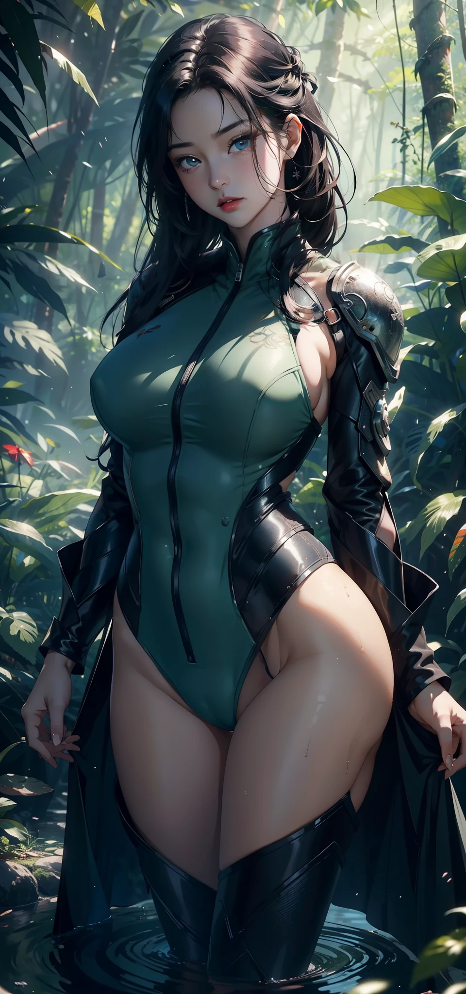 1 female，Large Breasts（background：In the woods，Rainforest，In the summer，Sea） She has short black hair，，Straight Hair，Red lips，Standing in the water，Front view， OK， Gloomy sky，（（（masterpiece），（Highly detailed CG Unity 8k wallpaper），最OK质量，Light，详细background，beautiful eyes，（Very delicate and beautiful），（Beautiful and detailed description of the eyes），Ultra Detailed，masterpiece，）），face camera，high resolution，Ultra Detailed），Exposing breasts，Exposing genitals， Convex，Camel toe，Sexy bulge，U.K.（wear：Green diving suit，Rompers，Exoskeleton armor，Combat uniform）