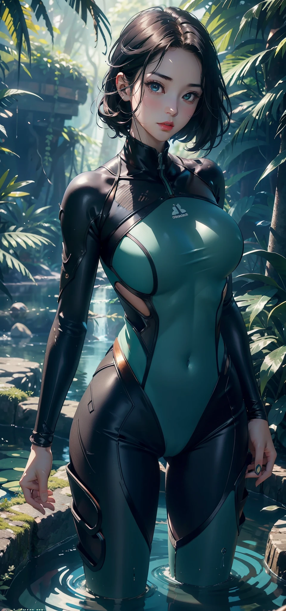 1 female,Large Breasts(background:In the woods,Rainforest,In the summer,Sea) She has short black hair,,Straight Hair,Red lips,Standing in the water,Front view, OK, Gloomy sky,(((masterpiece),(Highly detailed CG Unity 8k wallpaper),最OK质量,Light,详细background,beautiful eyes,(Very delicate and beautiful),(Beautiful and detailed description of the eyes),Ultra Detailed,masterpiece,)),face camera,high resolution,Ultra Detailed),Exposing breasts,Exposing genitals, Convex,Camel toe,Sexy bulge,U.K.(wear:Green diving suit,Rompers,Exoskeleton armor,Combat uniform)