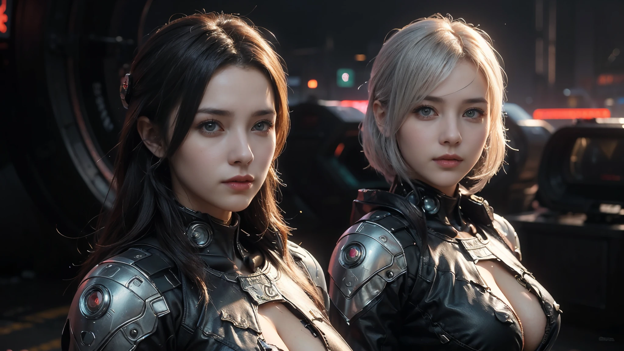 masterpiece,best quality,high resolution,8k,(Portrait Photos:1.5),(R Original Photo),real picture,Digital Photography,(A fusion of cyberpunk and fantasy),(Female Soldiers),20 year old girl,Feel free to hairstyle,white hair,Purple Eyes,By Bangs,(red eye breasts, Accessories,shut your mouth,Elegant and charming,Serious and arrogant,Calm and handsome,Combination of cyberpunk and fantasy style clothing,Hollow carving design,Large Breasts,Combined Armor,Photo poses,Realistic style,oc render reflection texture,sentry,Cyberpunk style future city,Medium distance photography